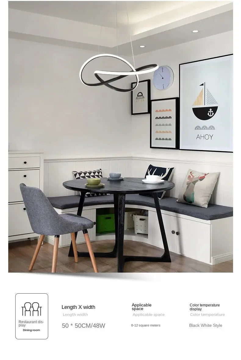 Dining room pendant lamp with looping ring design in black and white, Nordic modern style