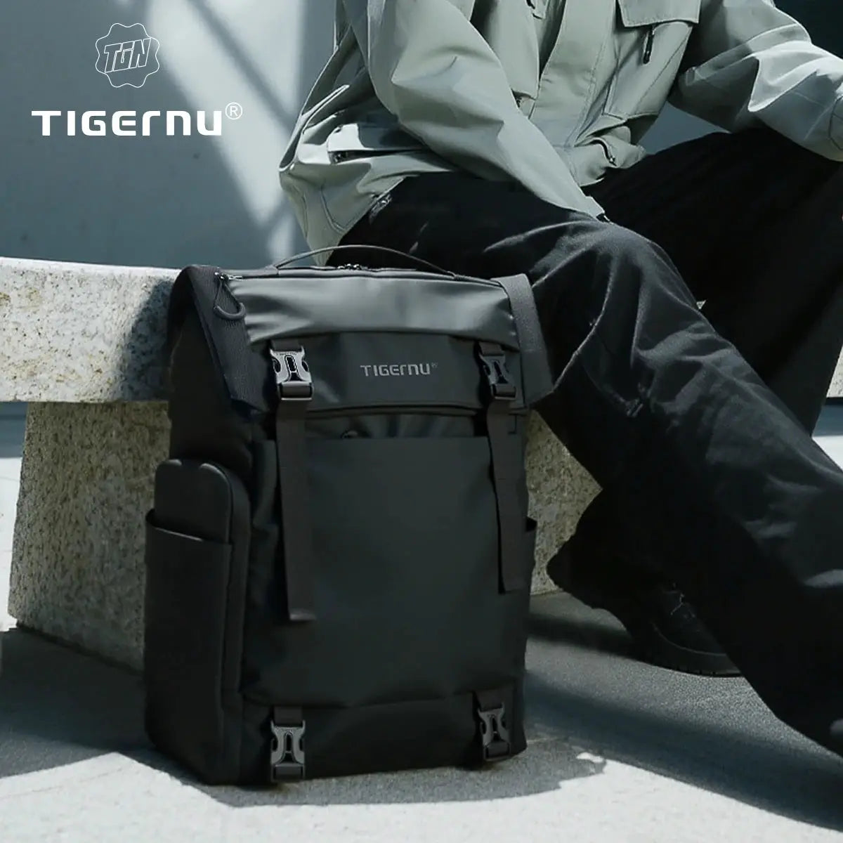 Tigernu travel backpack, black/gray TPU waterproof, expandable men’s business/school bag