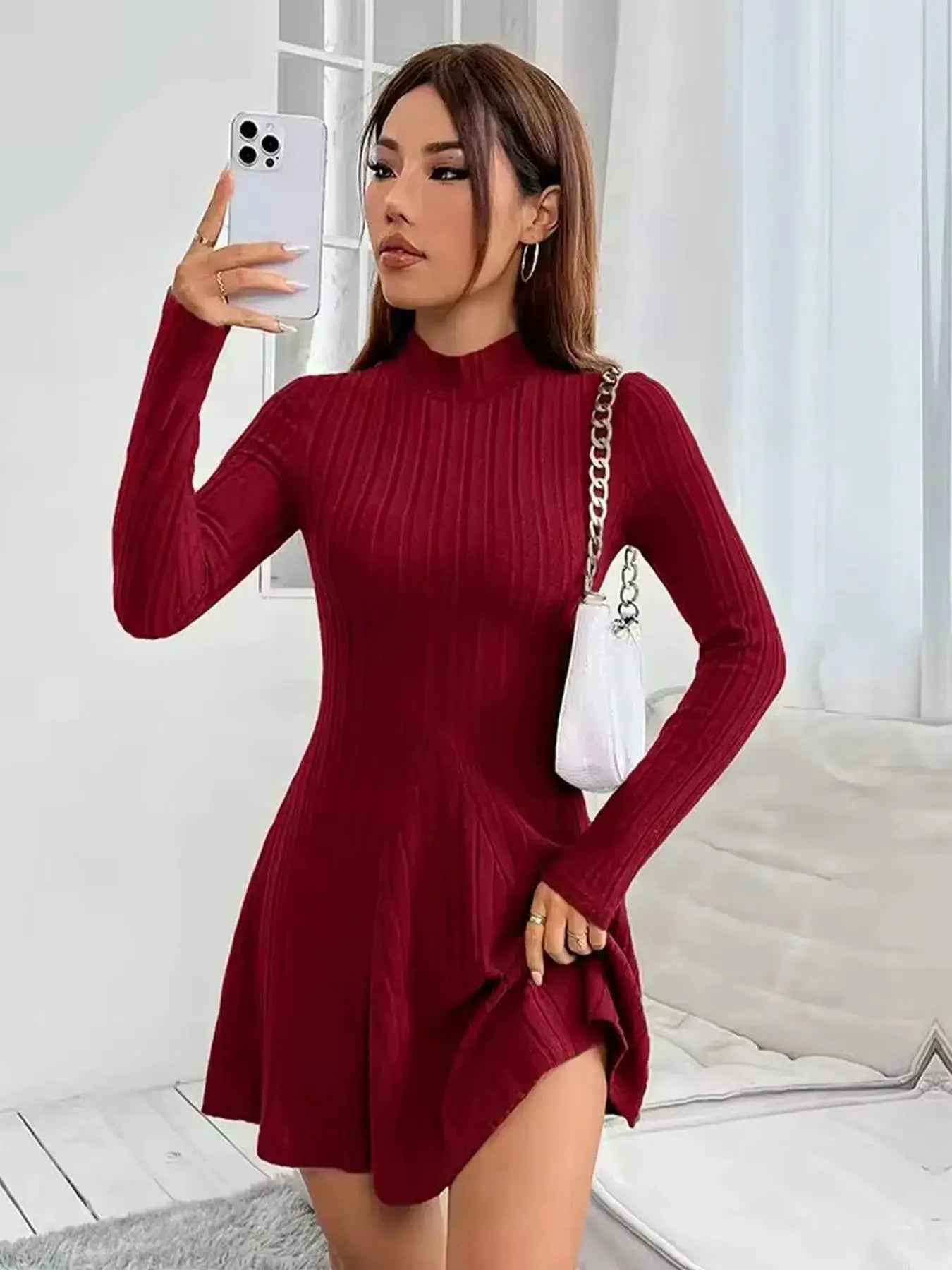 LuxeWeave Womens Slim Fit Dress With Half High Collar Cinched Waist Aline Pinstripe Long Sleeves For Autumn And Winter