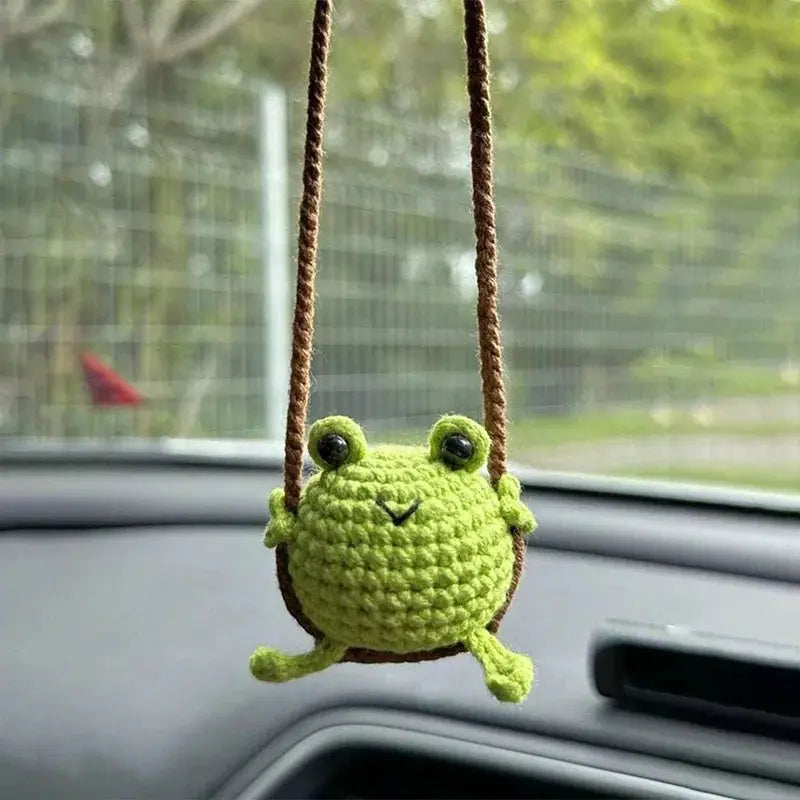 Crochet frog car interior pendant; bright green frog with brown hanging string