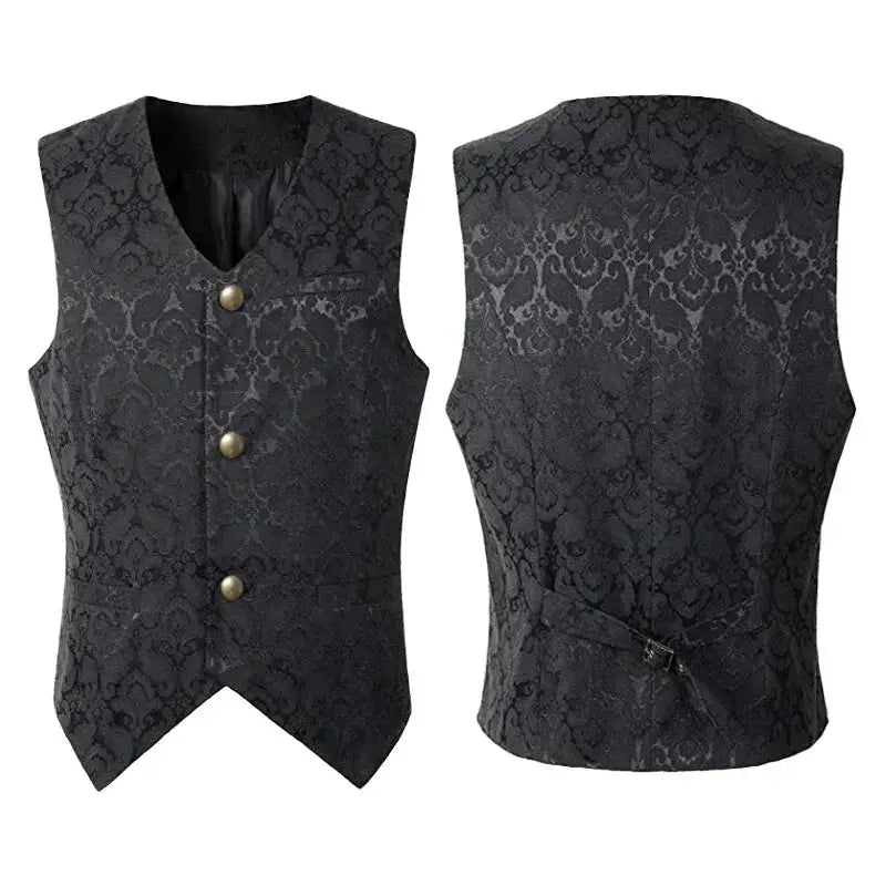 Men's black jacquard waistcoat with brass buttons, Renaissance Gothic damask pattern and front and back views.