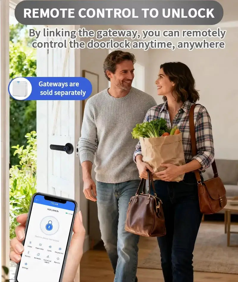 TTLock Smart Door Lock by Simples Market, black Bluetooth keyless lock with fingerprint and RFID, remote app control