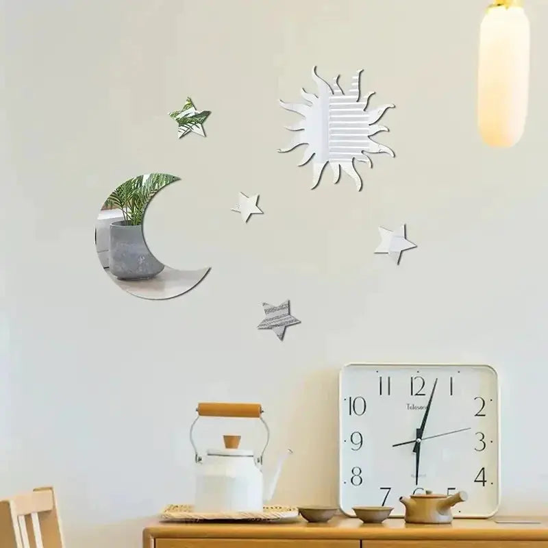 Six-piece silver star, moon and sun mirror wall sticker set for bedroom or living room decor.