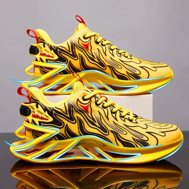 Pair of Simples Market men's yellow sneakers with black zigzag pattern and neon blue sole