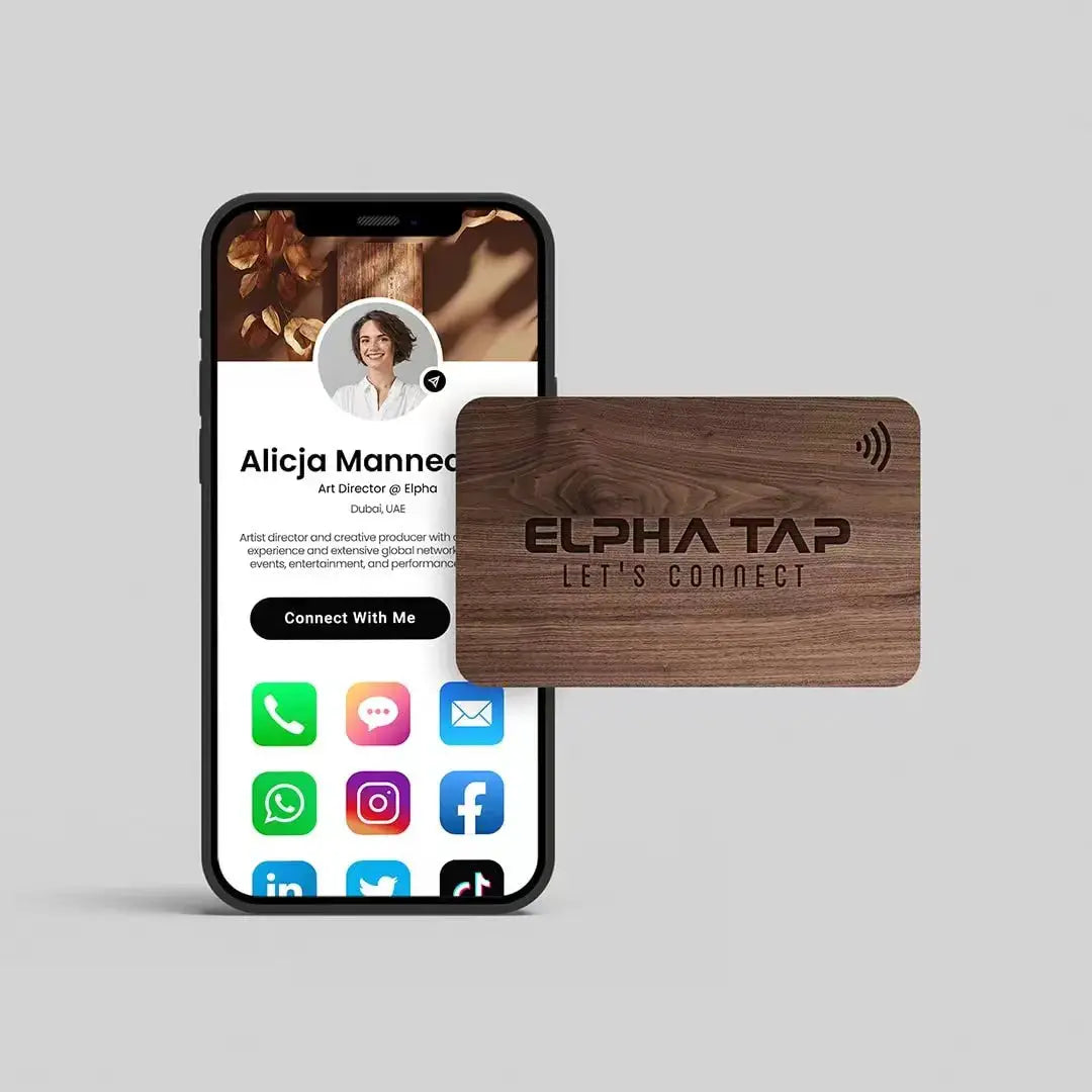 Wooden NFC card by Simples Market with Elpha Tap logo beside a smartphone