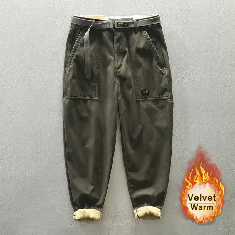 Men's olive cotton cargo jogger pants with belt, large front pockets, fleece-lined cuffs