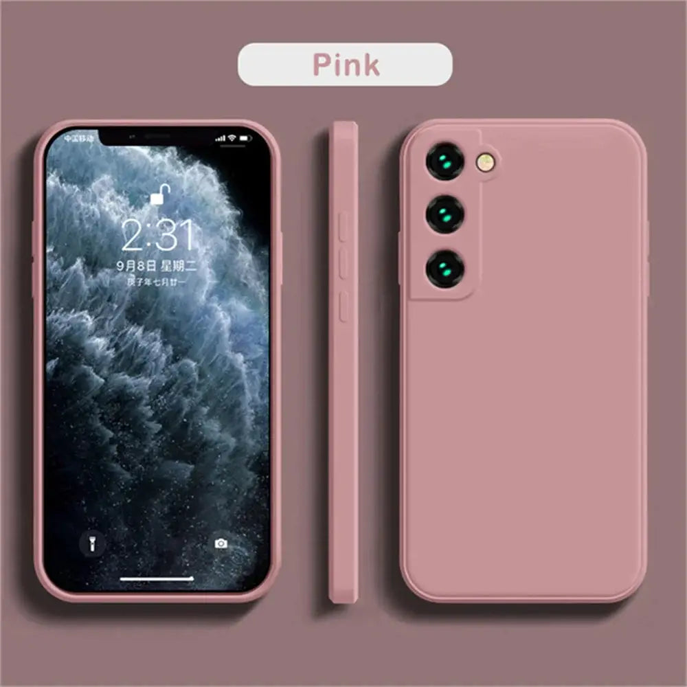Pink liquid silicone phone case for Samsung Galaxy devices, shown in front, side and back views