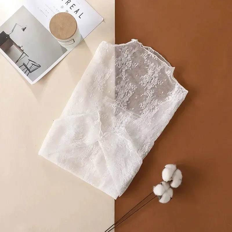 LaceLuxe Women Floral Lace Shirt Mock Neck With Mesh Bottoming Layer For Spring And Autumn Flattering Sheer Look
