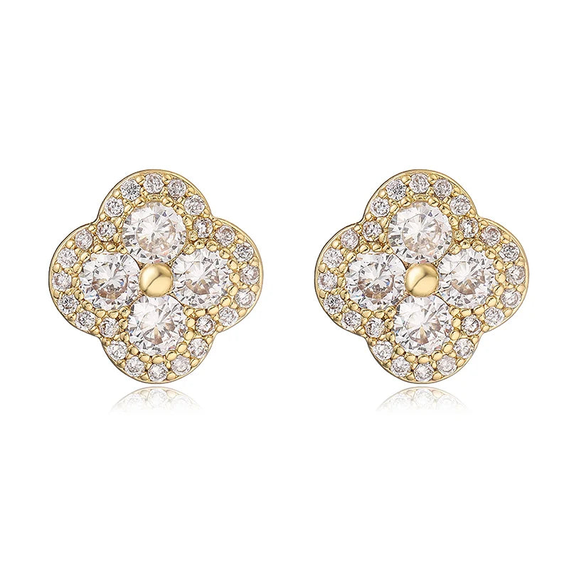 Flower-shaped gold-plated earrings with CZ stones, pair