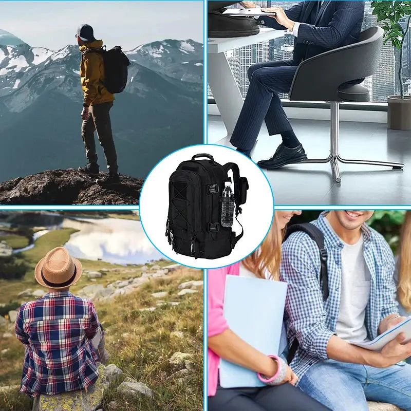 Simples Market black tactical backpack with 40L/65L capacity, suitable for men and women, ideal for hiking and travel.