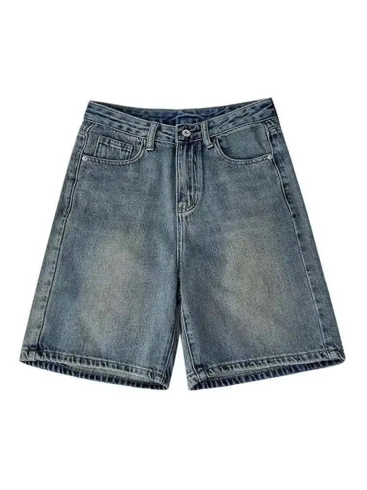 Women's high-waisted knee-length blue denim shorts with a casual wide-leg silhouette