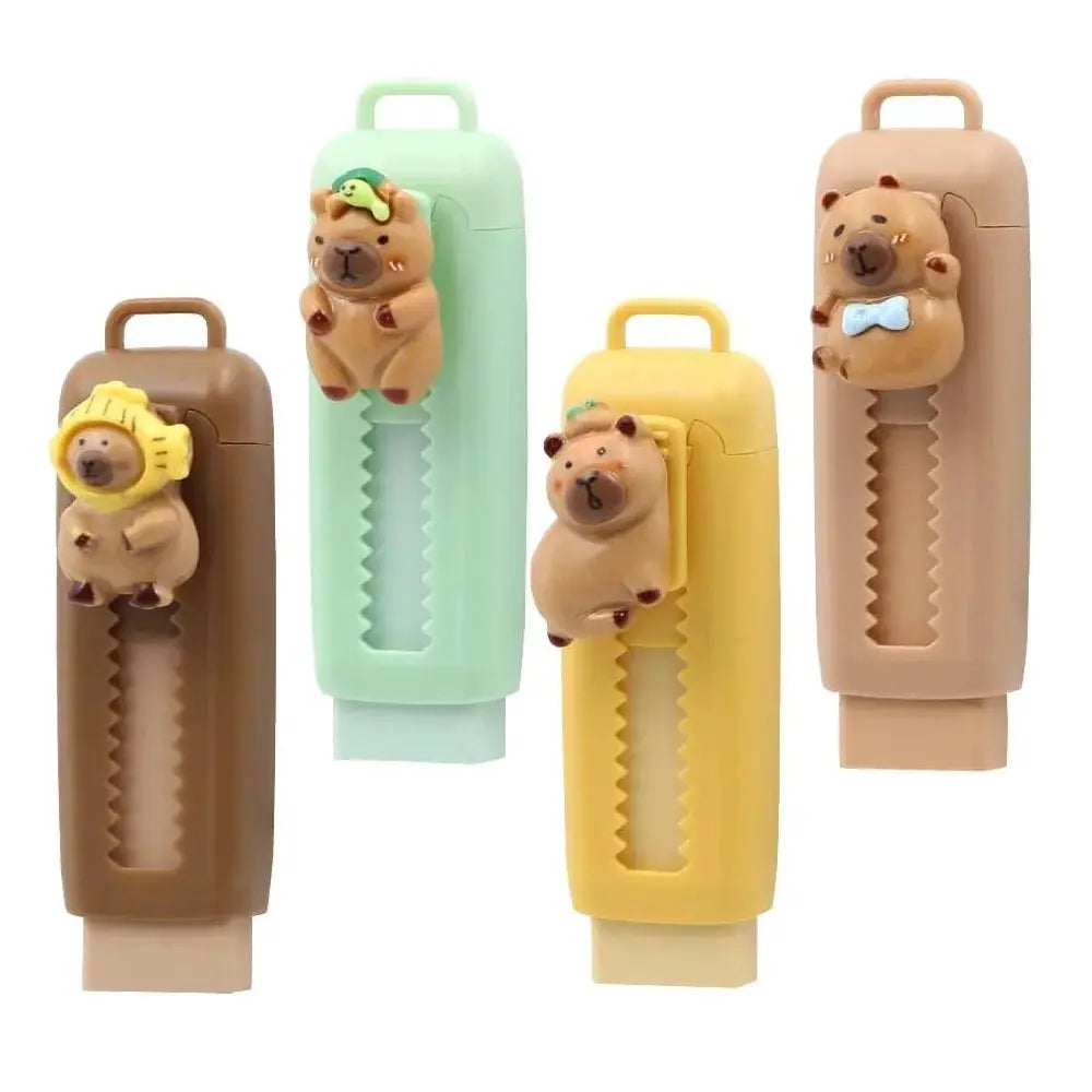 Capybara erasers set, 4-piece retractable 4B by Simples Market, capybara figures in brown, mint, yellow and beige.