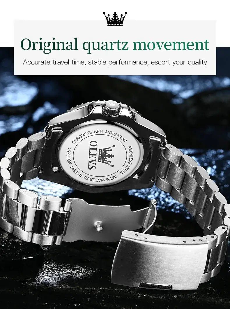 OLEVS stainless steel men’s wristwatch with metal bracelet and visible logo on case back