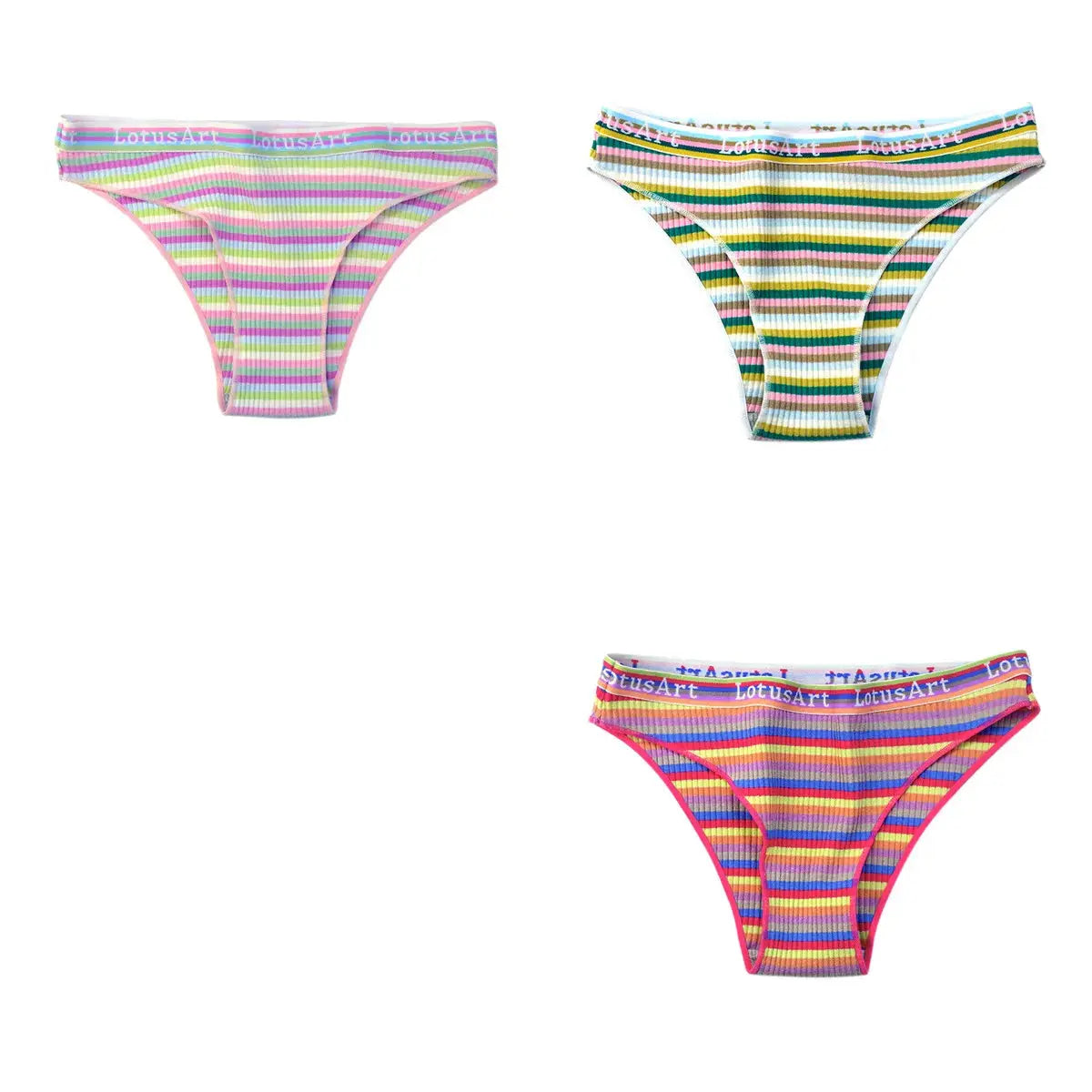 3-piece cotton panties set for women in colorful striped patterns with low-rise briefs and LotusArt waistband