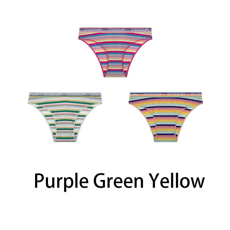 3-pack women's cotton hipster panties in rainbow stripes (purple, green, yellow); Simples Market NK606