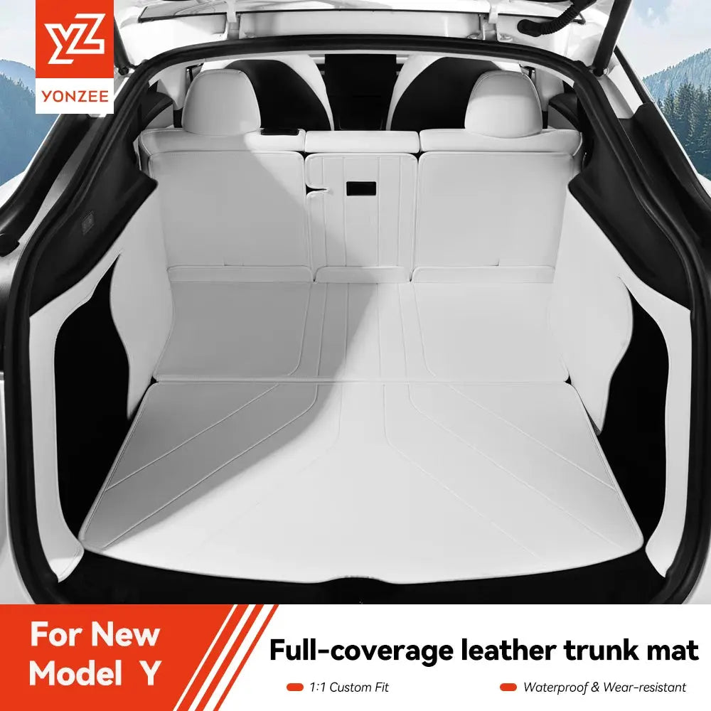 Tesla Model Y trunk mat by Yonzee YZ; white leather, full-coverage waterproof liner, 1:1 custom fit