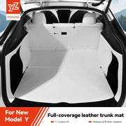 Tesla Model Y trunk mat by Yonzee YZ; white leather, full-coverage waterproof liner, 1:1 custom fit