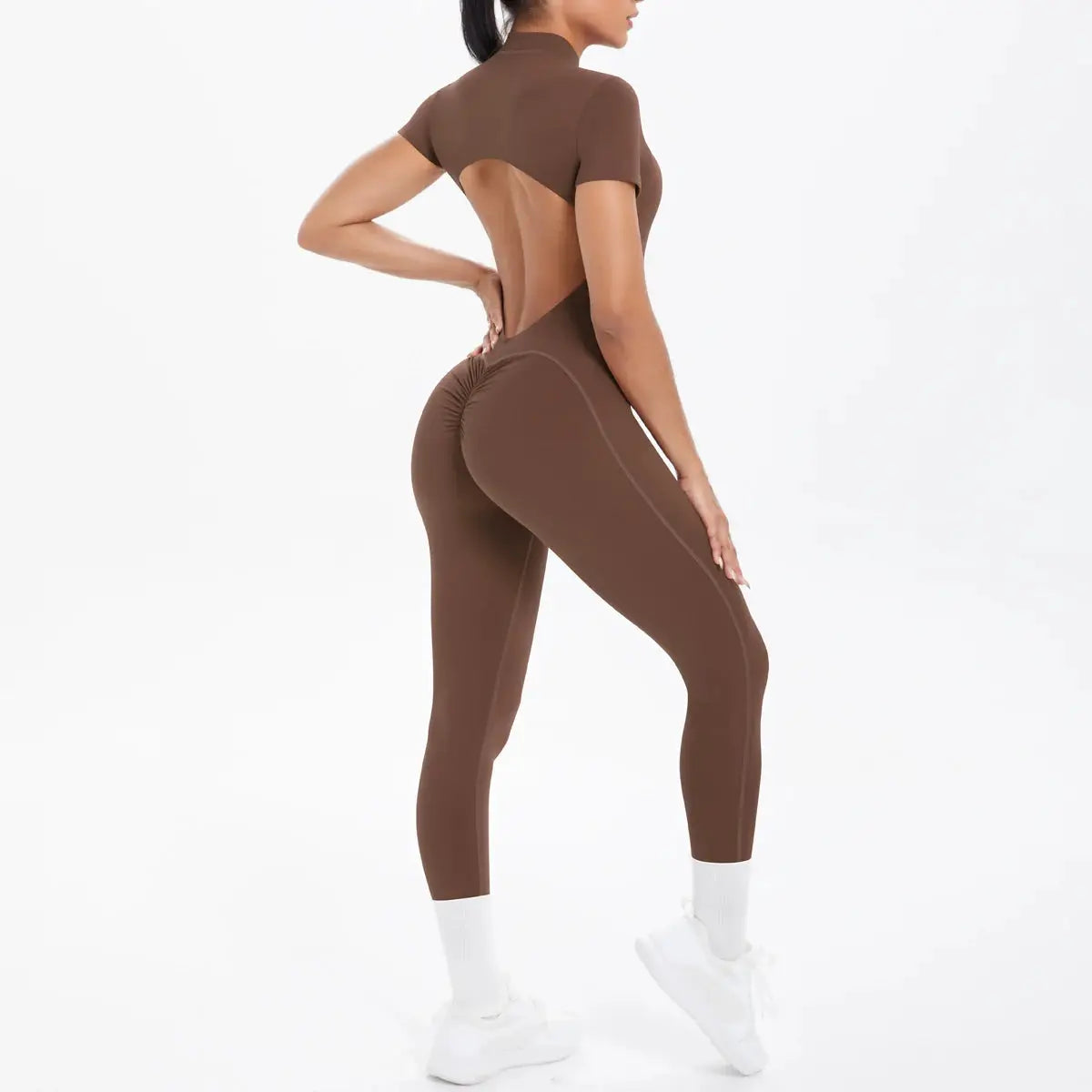 Simples Market brown backless fitness jumpsuit for women, short-sleeve scrunch one-piece bodysuit