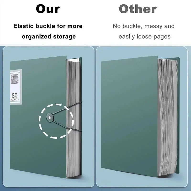 Green portfolio binder with elastic buckle for 80-pocket document organization