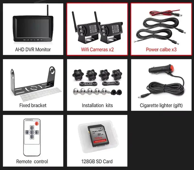 GreenYi 7-inch AHD DVR monitor bundle with 2 WiFi cameras, power cables, remote control, and 128GB SD card