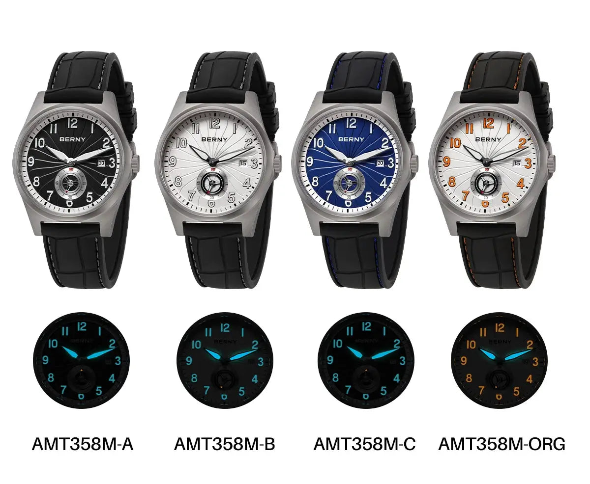 BERNY titanium automatic men’s watch set with luminous dials; four dial colors and glow variants, 10ATM water resistant.