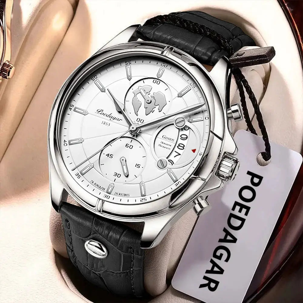 POEDAGAR luxury men's chronograph watch with white dial, silver case, black leather strap