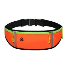 Outdoor running waist bag for mobile phone with three waterproof pockets, bright orange with lime-green zippers.