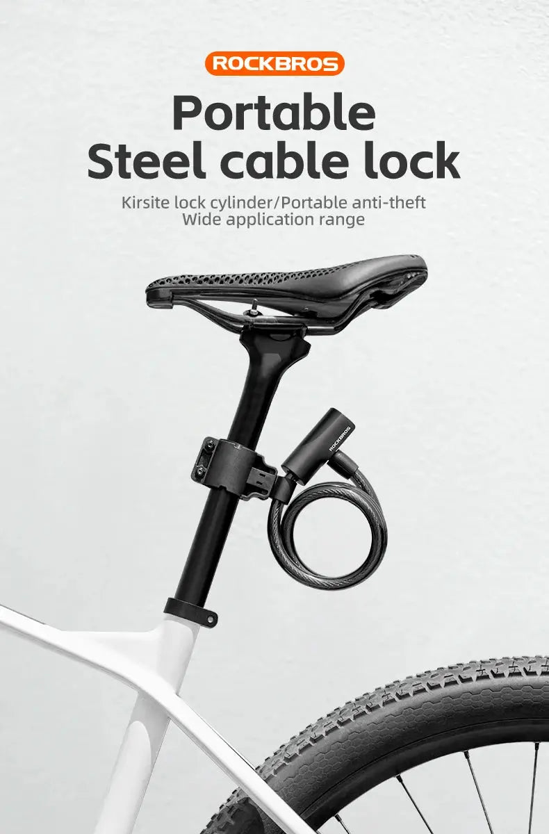 ROCKBROS portable steel cable lock with keys mounted on a bicycle seat post
