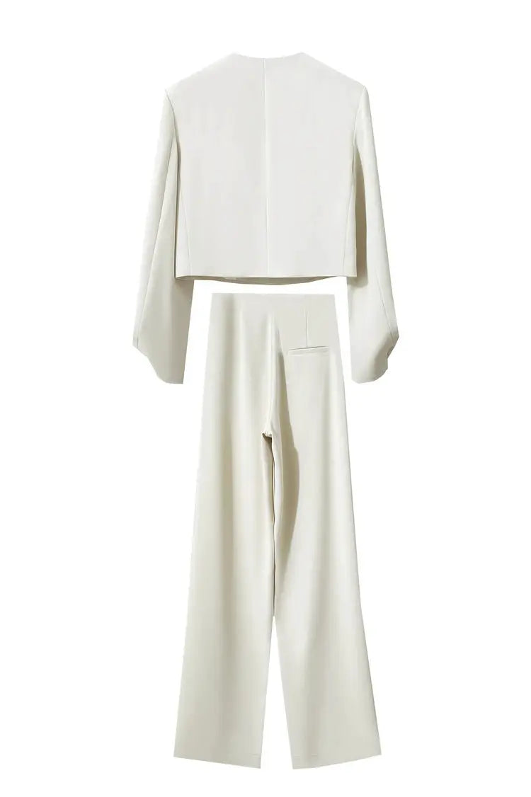 AMII Minimalism women's cream short blazer jacket and wide-leg pants two-piece set by Simples Market