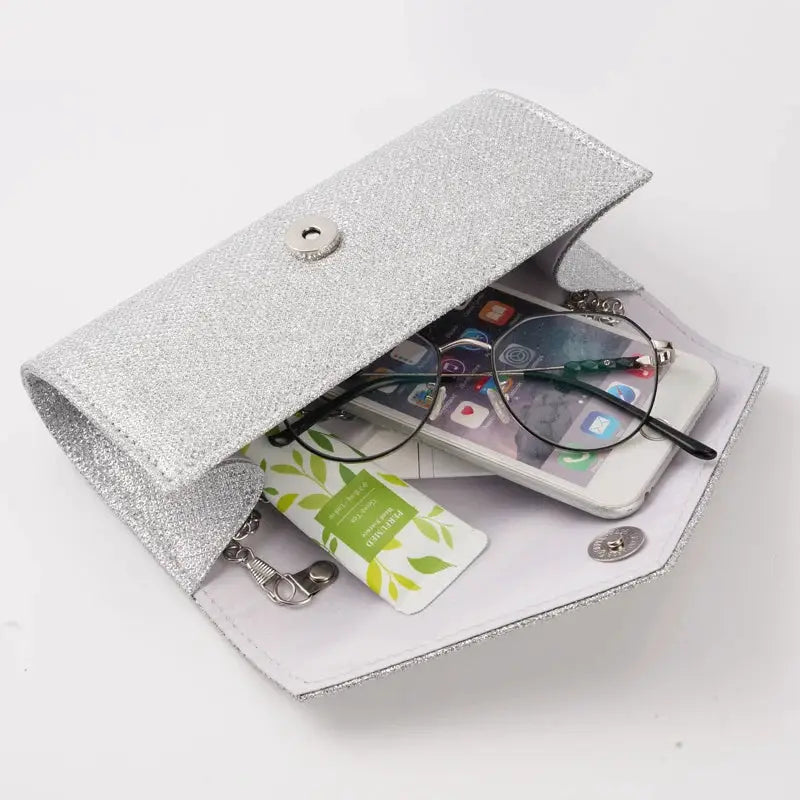 Silver glitter envelope evening bag with chain strap, mini purse for weddings and parties