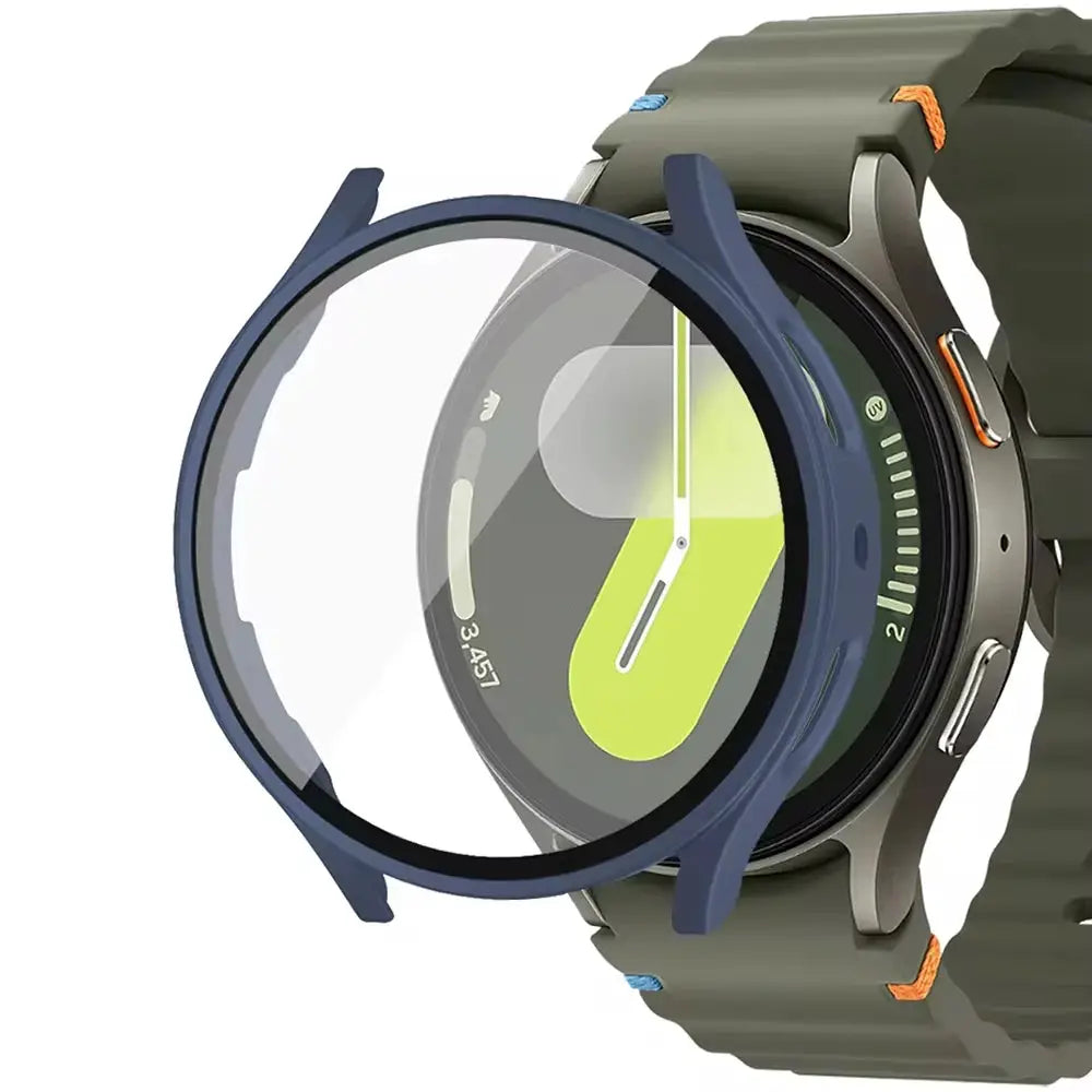 Matte hard PC case with blue bumper and tempered glass screen protector for Samsung Galaxy Watch 7/6/5/4 (40/44mm)