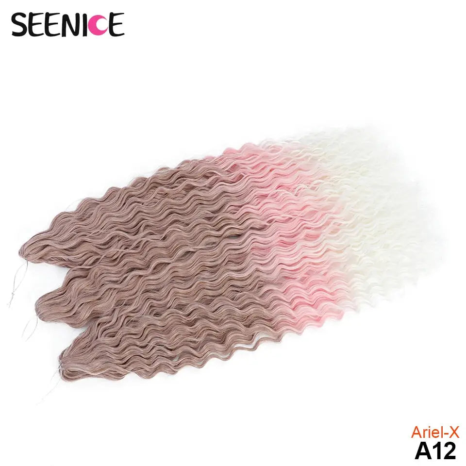 Ariel-X crochet hair extensions, ombre brown-pink-blonde water-wave curls, 6 bundles SEENICE