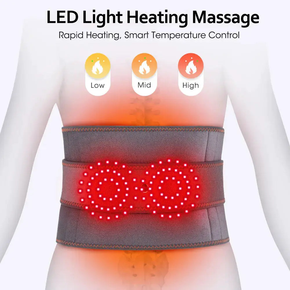 Electric heating waist massager belt by Simples Market, grey fabric with red LED buckle, 3 heat levels.
