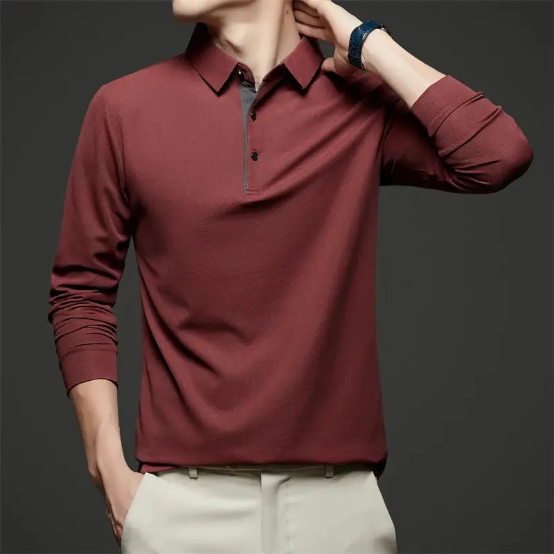 Men's business casual long sleeve polo shirt, burgundy solid color with button placket