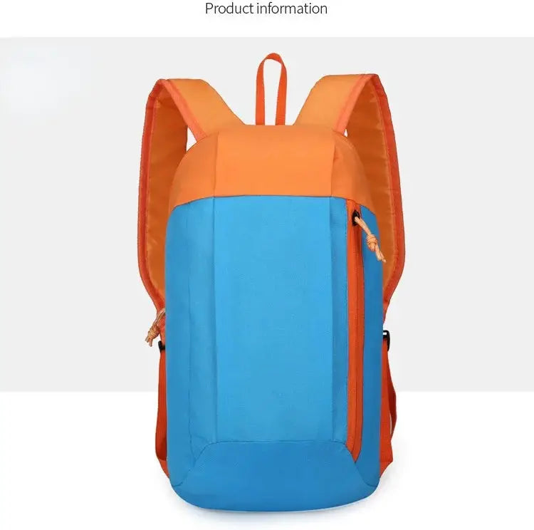 Men's outdoor lightweight small sports backpack by Simples Market in blue and orange with front zipper pocket.