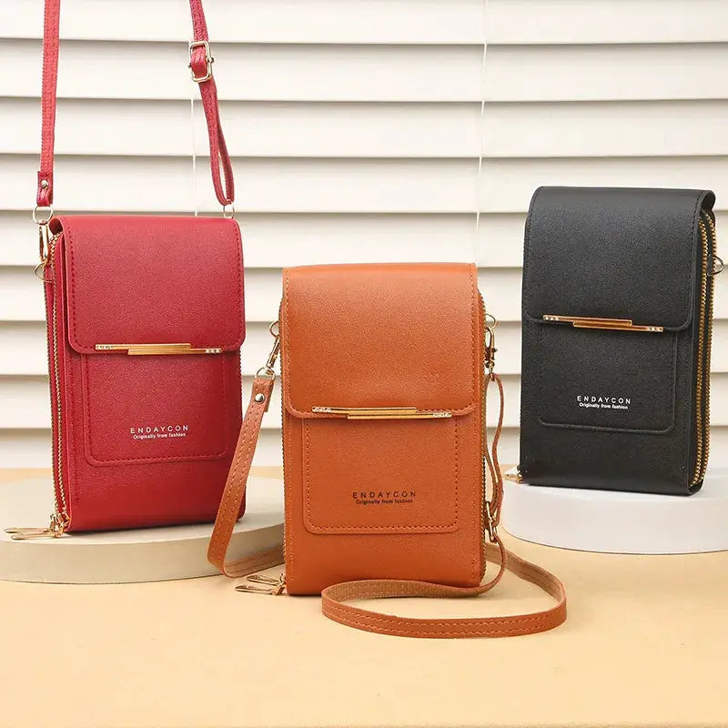 Crazy Bag crossbody phone bag set of three by Endaycon in red, tan, and black with touch-screen lock and card holder.