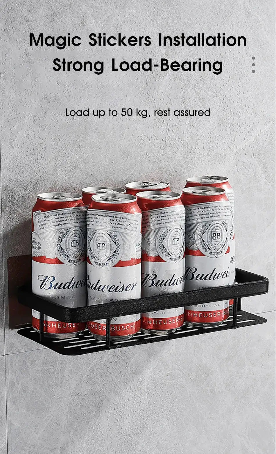 Bathroom storage rack wall-mounted corner shelf in black metal by Simples Market, holding Budweiser beer cans