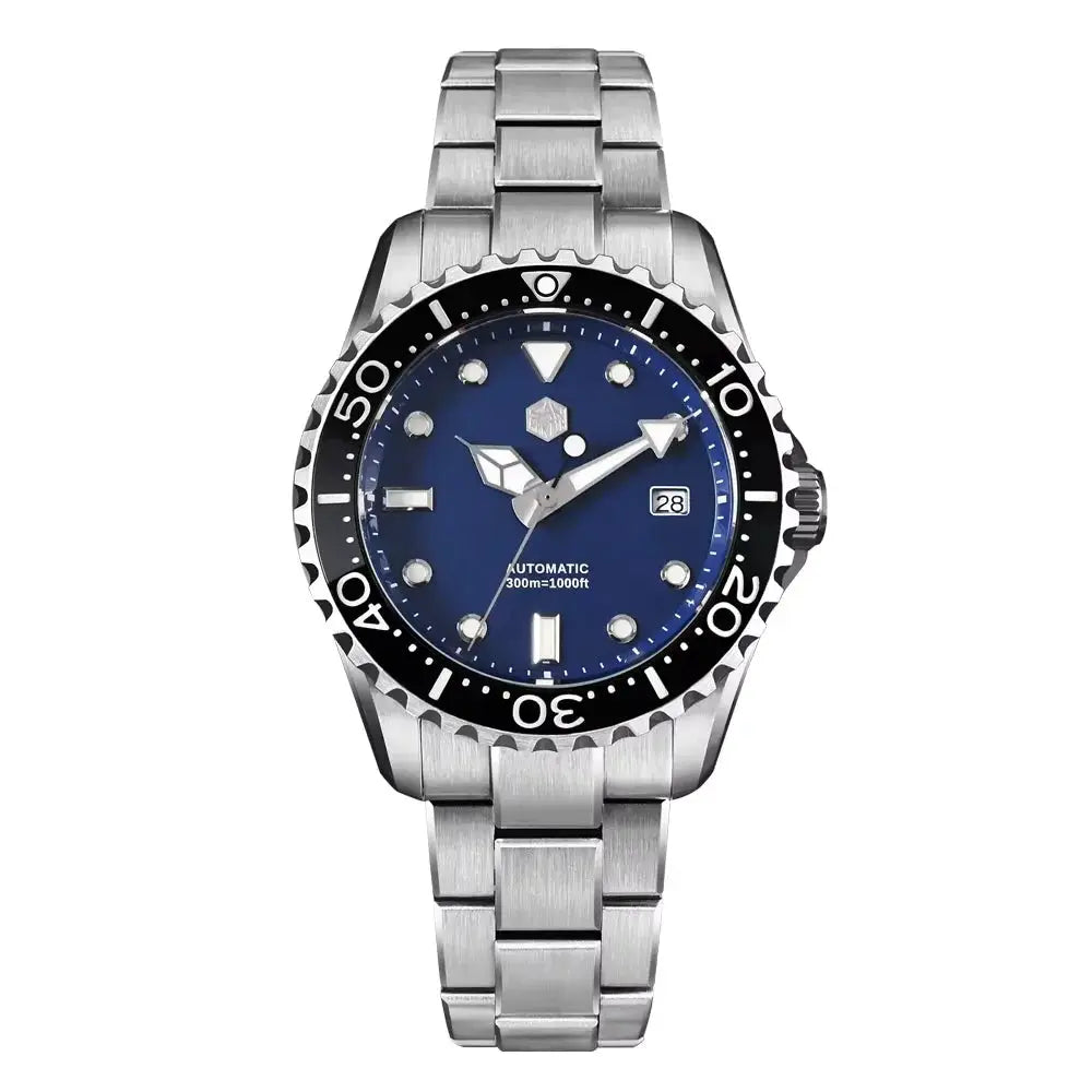 San Martin diver watch with blue dial and stainless steel bracelet, 40–44mm