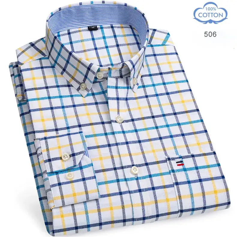 Men's 100% cotton plaid Oxford shirt, long sleeve with blue, yellow and teal plaid and chest pocket logo flag.