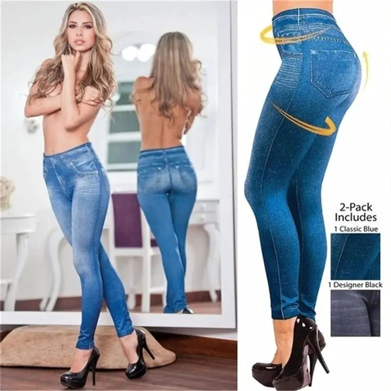 Ultra high-stretch denim leggings for women, Simples Market, blue; high-waist 2-pack includes blue and designer black
