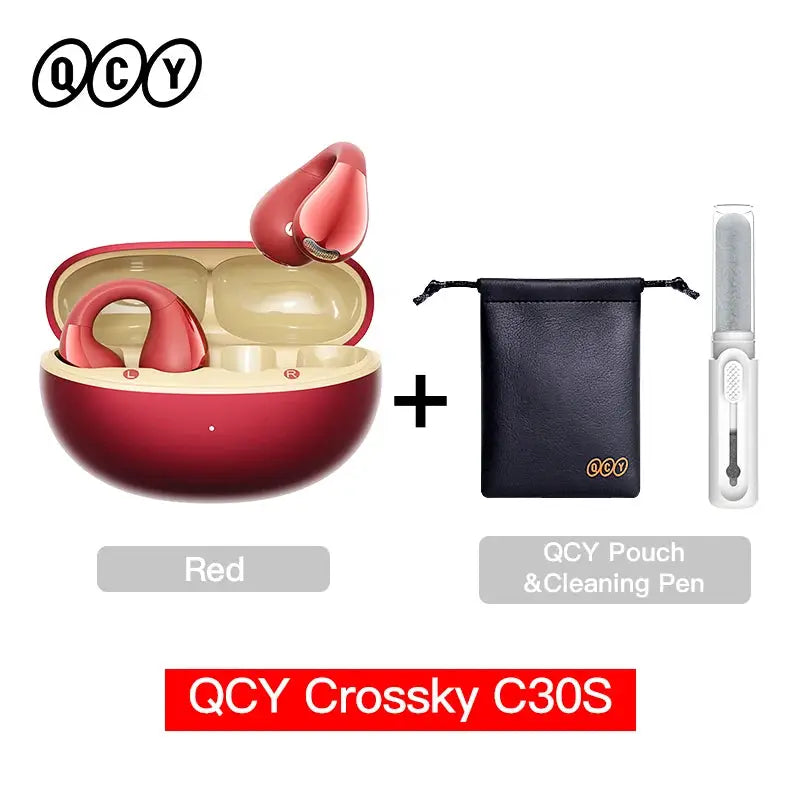 QCY Crossky C30S open-ear wireless earphones in red with charging case, plus QCY pouch and cleaning pen