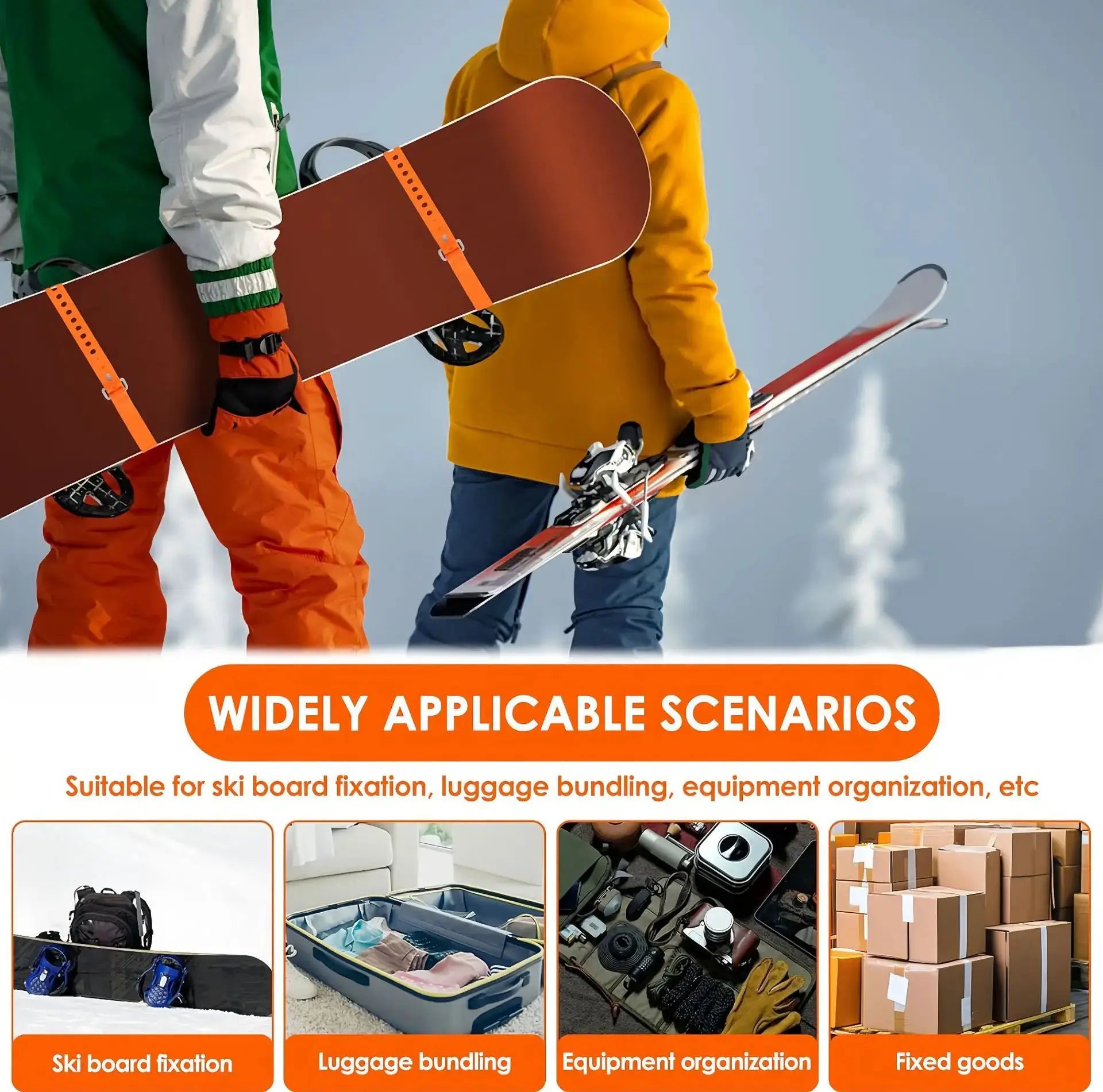 Rubber tension cargo strap, orange with buckle and holes, for luggage or ski gear (1–5 pcs)
