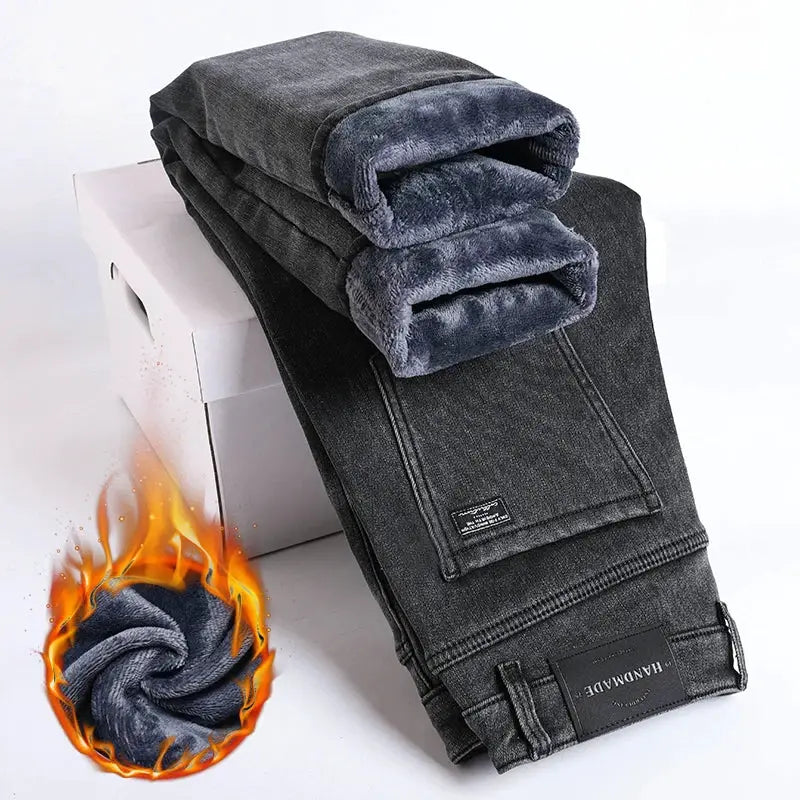 Winter fleece thick warm jeans for men, Simples Market, slim straight elastic denim with plush lining, dark gray