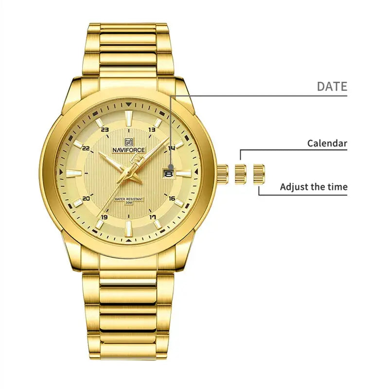 Naviforce men's gold-tone wristwatch with stainless steel strap and date display.