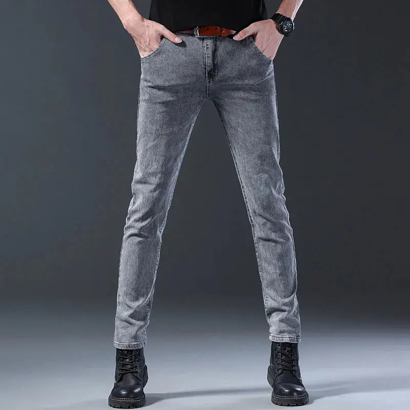 Men's slim-fit gray denim jeans with elastic mid waist, Korean-style straight-leg casual pants