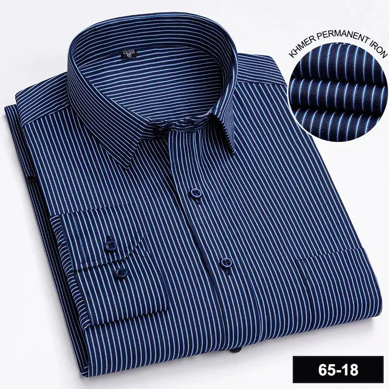 Men's navy blue striped long-sleeve shirt with a single chest pocket and button-down front