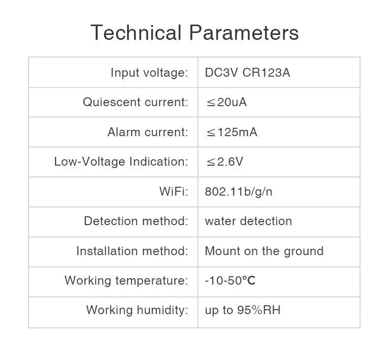 Tuya WiFi Water Leak Detector flood sensor by Simples Market; ground-mounted, Smart Life app compatible, 802.11b/g/n WiFi, -10 to 50°C