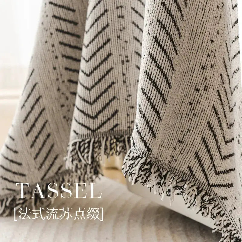 Simples Market fishbone-pattern 3-seat sofa cover with beige tassel fringe, full set, anti-scratch and stain resistant