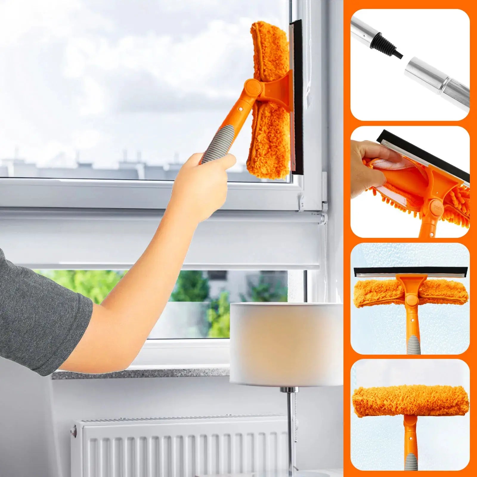 Extendable orange window cleaner set with long handle and 180° rotatable mop head