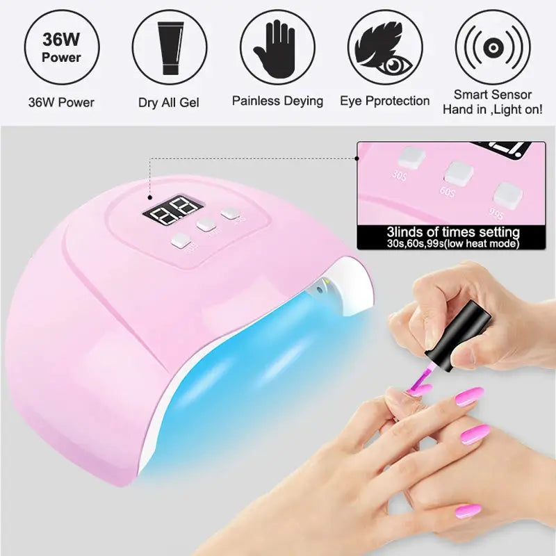 Nail Gel Kit with pink LED nail lamp; 36W power and manicure tools